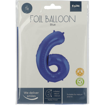 Folie Ballon Cijfer 6 Mat Blauw XL 86cm leeg