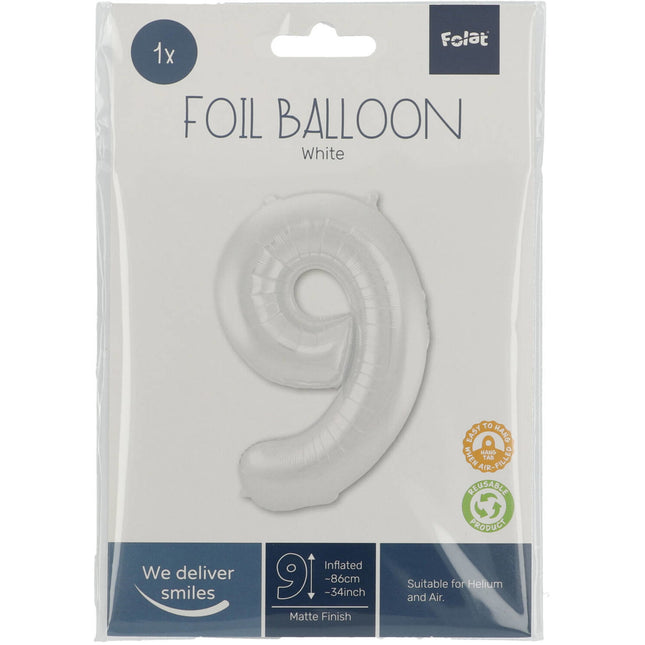 Folie Ballon Cijfer 9 Mat Wit XL 86cm leeg