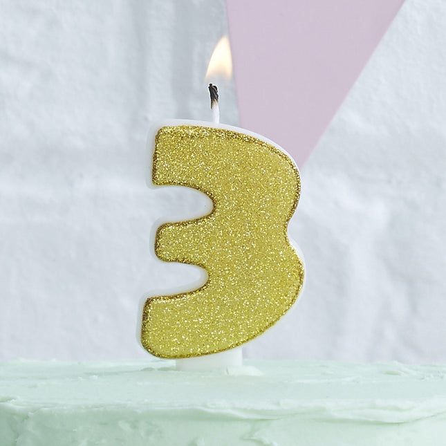 Gouden Kaars 3 Jaar Glitters 6cm