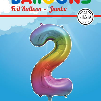 Folie Ballon Cijfer 2 Regenboog XL 86cm leeg