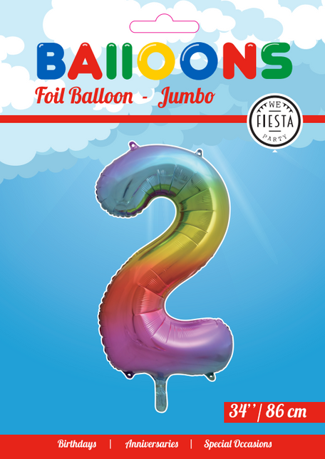 Folie Ballon Cijfer 2 Regenboog XL 86cm leeg