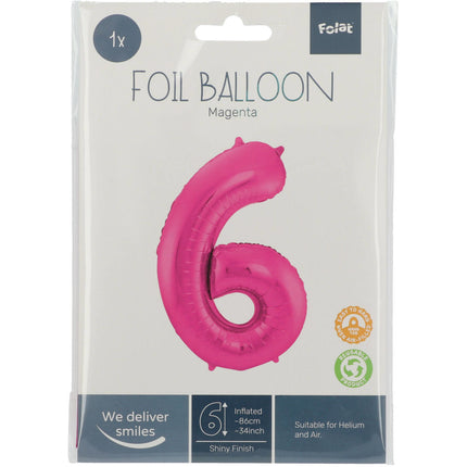 Folie Ballon Cijfer 6 Fuchsia Metallic XL 86cm leeg