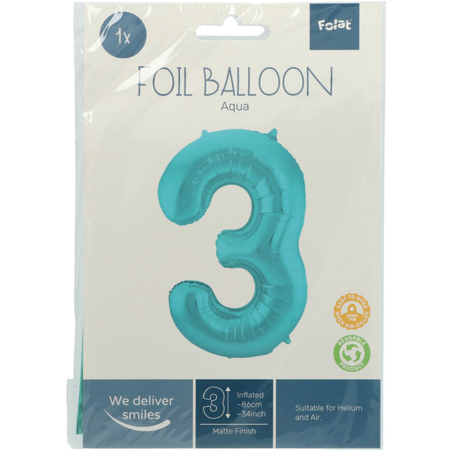 Folie Ballon Cijfer 3 Pastel Mintgroen XL 86cm leeg