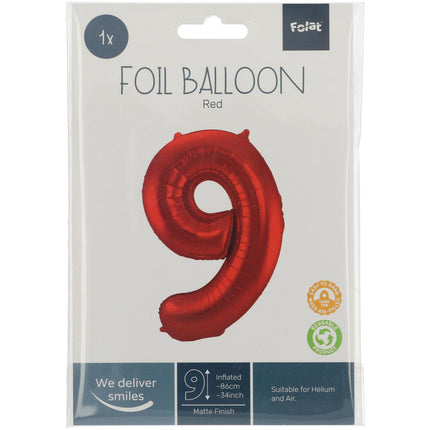 Folie Ballon Cijfer 9 Mat Rood XL 86cm leeg