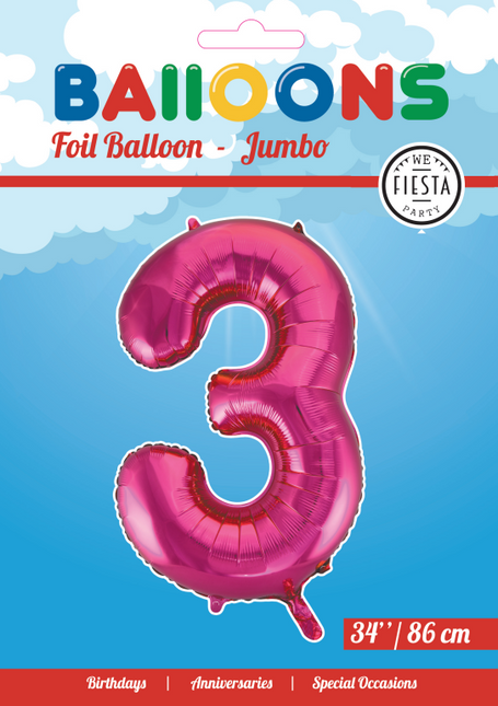 Folie Ballon Cijfer 3 Fuchsia XL 86cm leeg