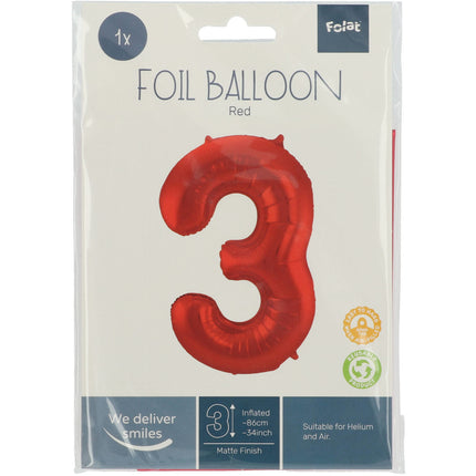 Folie Ballon Cijfer 3 Mat Rood XL 86cm leeg