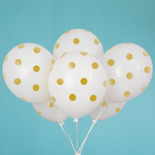 Witte Ballonnen Gouden Stippen 30cm 6st