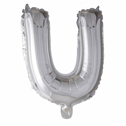 Folie Ballon Letter U Zilver 41cm met Rietje