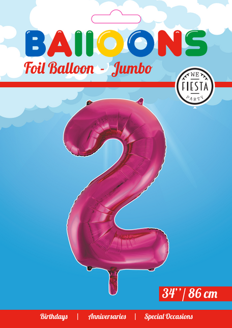 Folie Ballon Cijfer 2 Fuchsia XL 86cm leeg