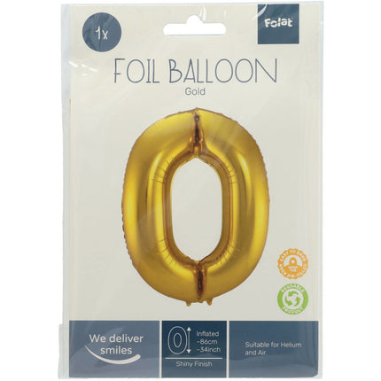 Folie Ballon Cijfer 0 Goud Metallic XL 86cm leeg