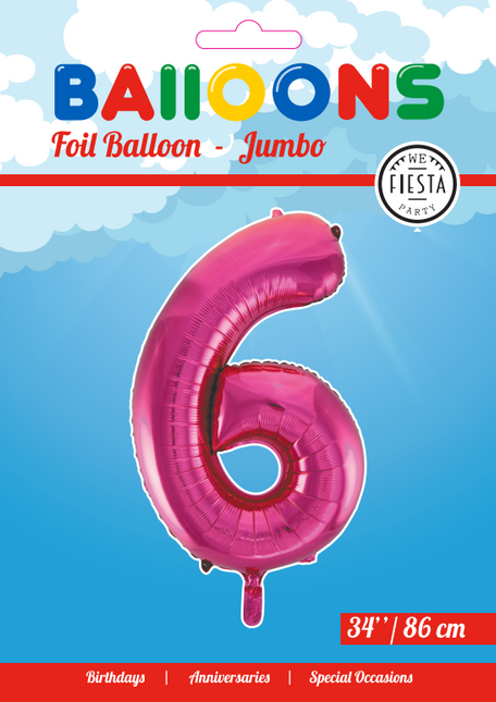 Folie Ballon Cijfer 6 Fuchsia XL 86cm leeg