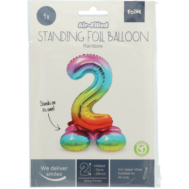 Folie Ballon Cijfer 2 Regenboog met standaard 72cm