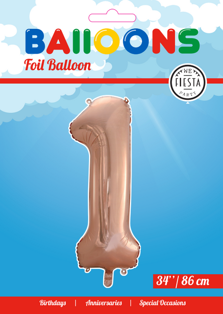 Folie Ballon Cijfer 1 Rose Goud XL 86cm leeg