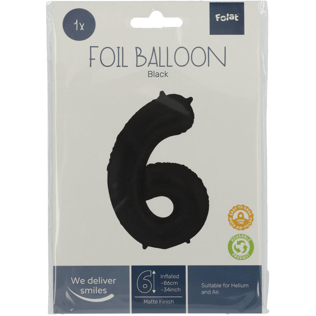 Folie Ballon Cijfer 6 Mat Zwart XL 86cm leeg