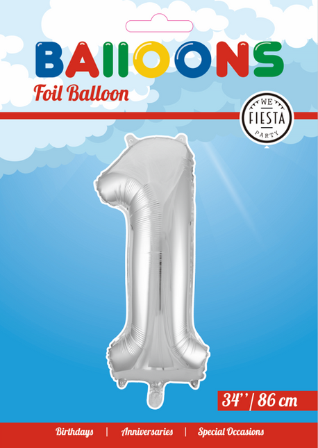 Folie Ballon Cijfer 1 Zilver XL 86cm leeg