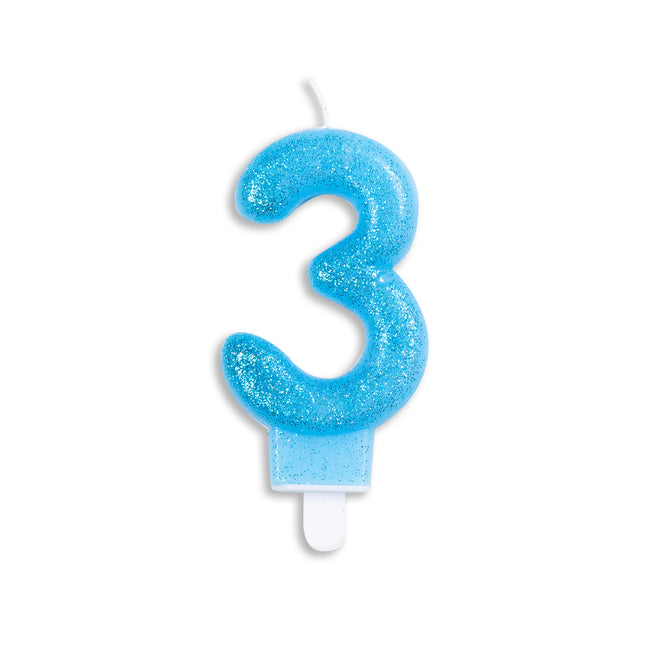 Kaars 3 Jaar Blauwe Glitter 7cm