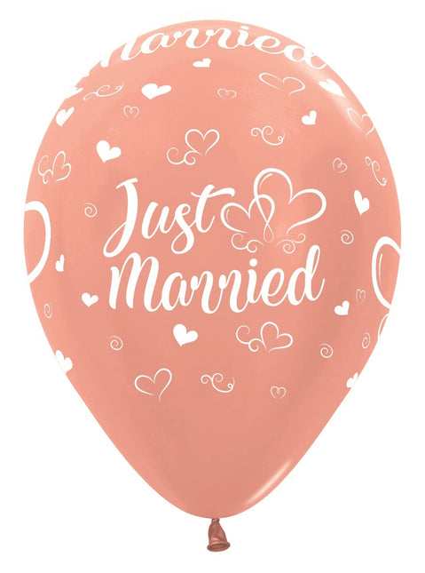 Ballonnen Just Married Hearts Metallic Rose Gold 30cm 25st