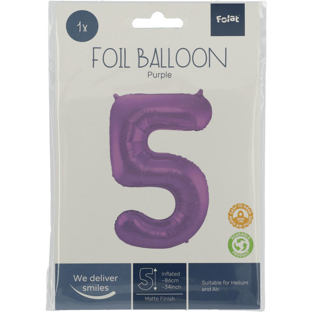 Folie Ballon Cijfer 5 Mat Paars XL 86cm leeg