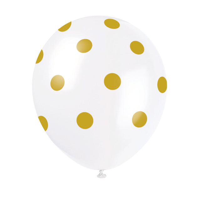 Witte Ballonnen Gouden Stippen 30cm 6st