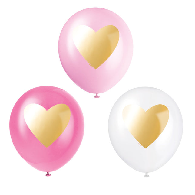 Ballonnen Roze Met Gouden Hart 30cm 6st