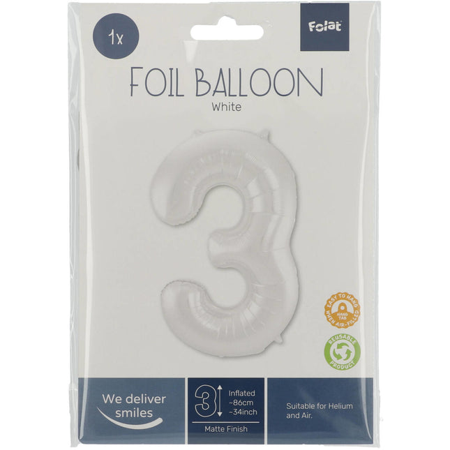 Folie Ballon Cijfer 3 Mat Wit XL 86cm leeg