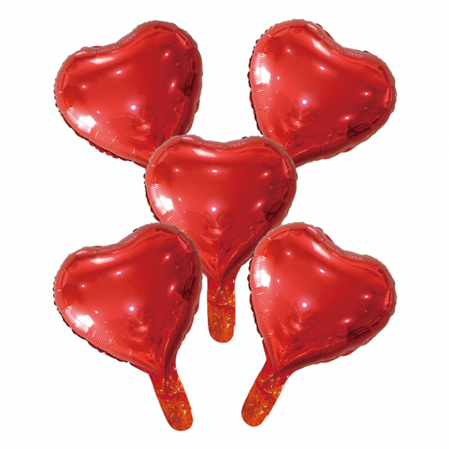 5 Folieballonnen hart met papieren rietje 9" rood