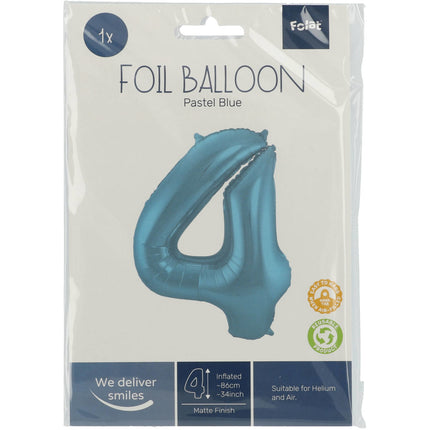 Folie Ballon Cijfer 4 Pastel Blauw XL 86cm leeg