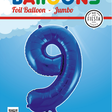 Folie Ballon Cijfer 9 Blauw XL 86cm leeg