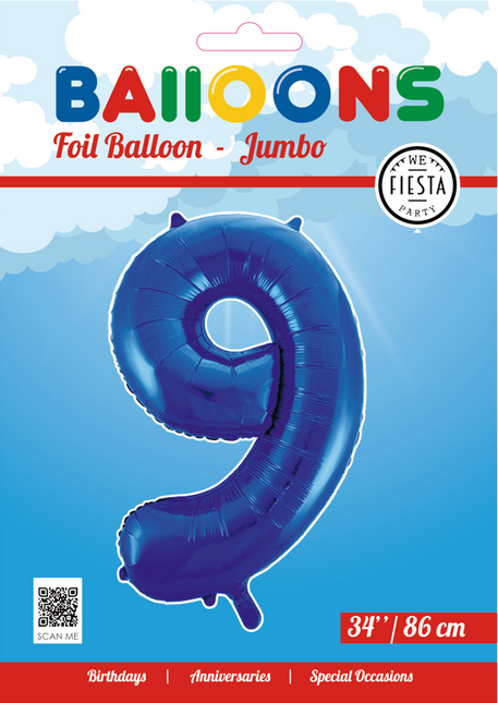 Folie Ballon Cijfer 9 Blauw XL 86cm leeg