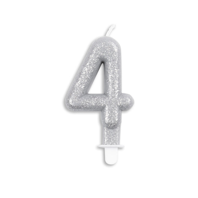 Kaars 4 Jaar Zilver Glitter 7cm