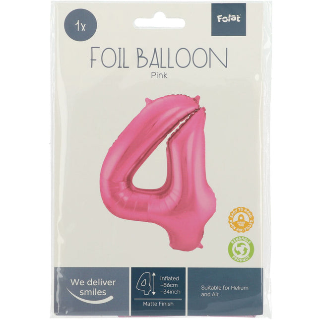 Folie Ballon Cijfer 4 Mat Roze XL 86cm leeg