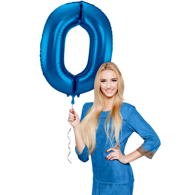 Folie Ballon Cijfer 0 Blauw Metallic XL 86cm leeg