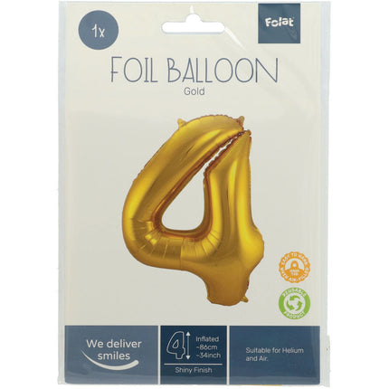 Folie Ballon Cijfer 4 Goud Metallic XL 86cm leeg