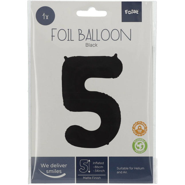 Folie Ballon Cijfer 5 Mat Zwart XL 86cm leeg