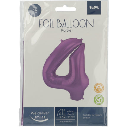 Folie Ballon Cijfer 4 Mat Paars XL 86cm leeg