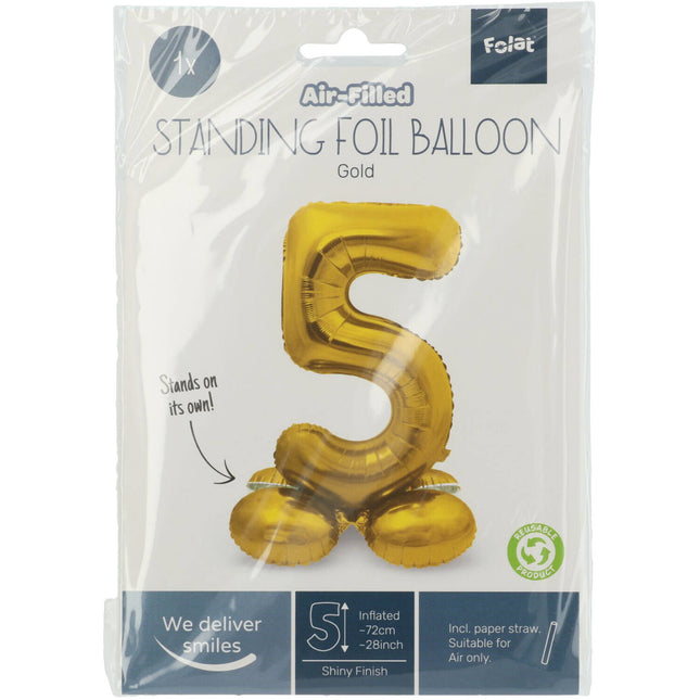 Folie Ballon Cijfer 5 Goud met standaard 72cm
