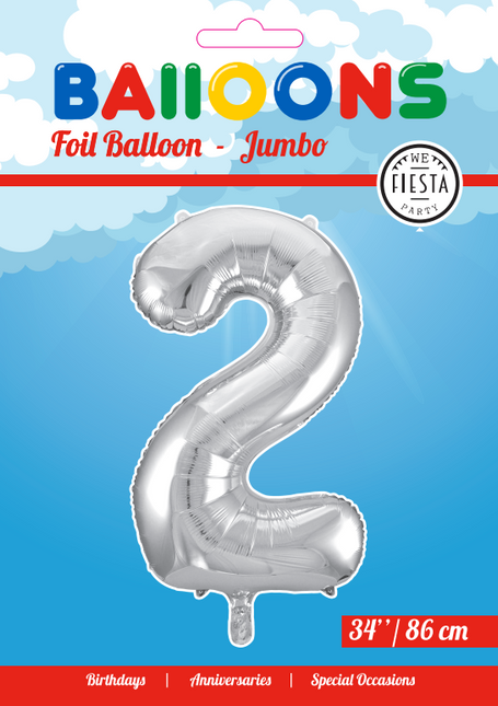 Folie Ballon Cijfer 2 Zilver XL 86cm leeg