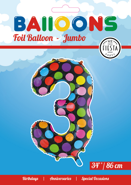 Folie Ballon Cijfer 3 Stippen XL 86cm leeg