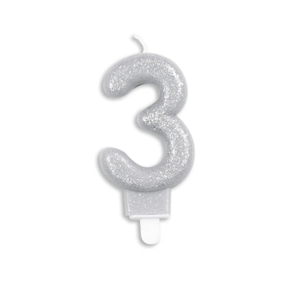 Kaars 3 Jaar Zilver Glitter 7cm