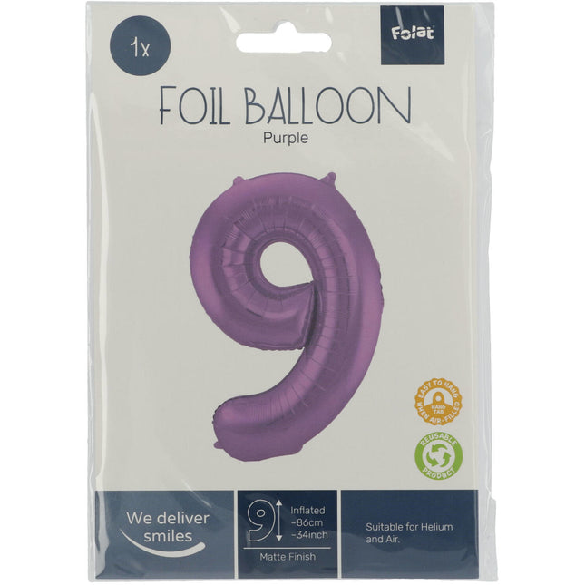 Folie Ballon Cijfer 9 Mat Paars XL 86cm leeg