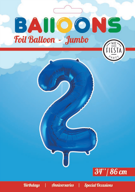 Folie Ballon Cijfer 2 Blauw XL 86cm leeg