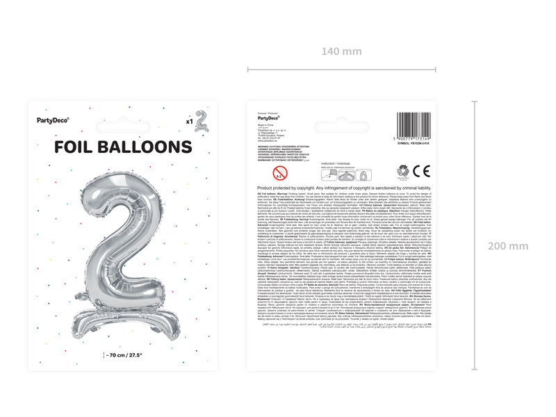 Folie Ballon Cijfer 2 Zilver Standaard Leeg 70cm