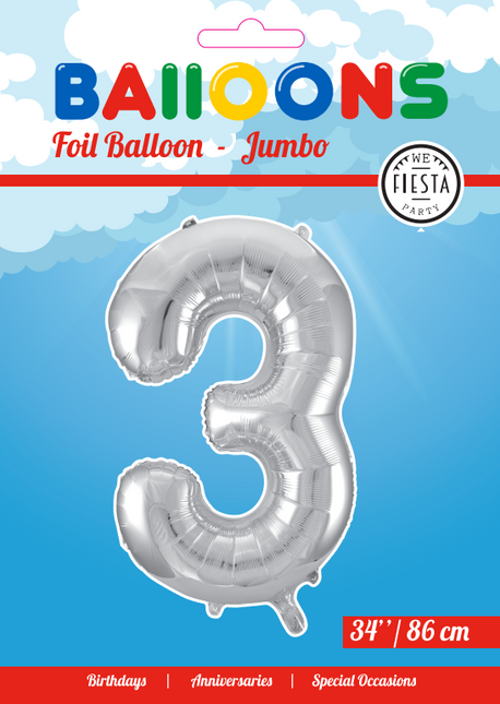 Folie Ballon Cijfer 3 Zilver XL 86cm leeg