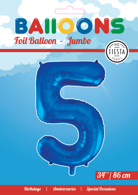 Folie Ballon Cijfer 5 Blauw XL 86cm leeg