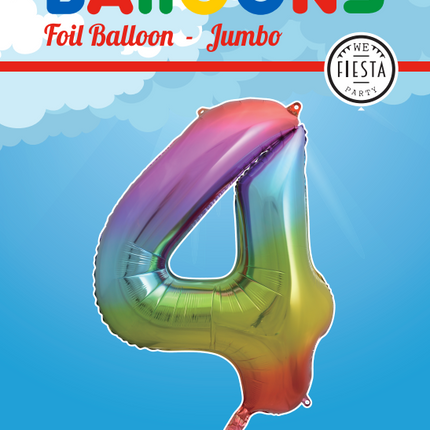 Folie Ballon Cijfer 4 Regenboog XL 86cm leeg