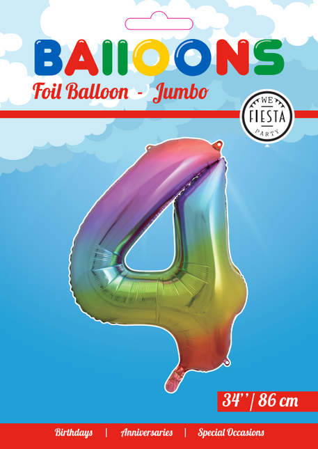 Folie Ballon Cijfer 4 Regenboog XL 86cm leeg