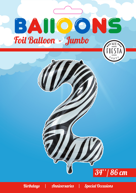Folie Ballon Cijfer 2 Zebra XL 86cm leeg