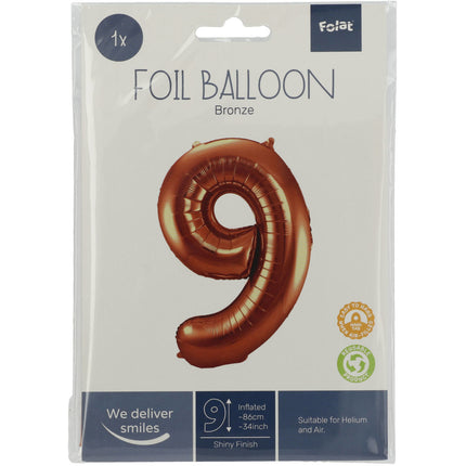 Folie Ballon Cijfer 9 Brons XL 86cm leeg