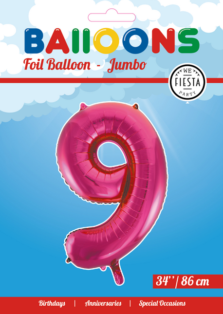 Folie Ballon Cijfer 9 Fuchsia XL 86cm leeg