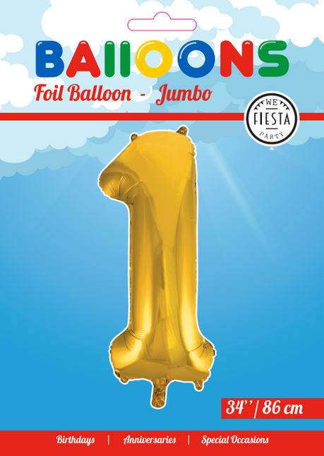 Folie Ballon Cijfer 1 Goud XL 86cm leeg